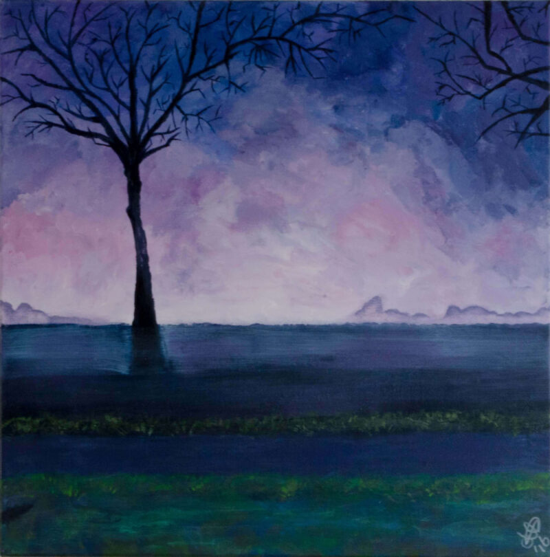 Het schilderij Paarse Zonsopgang 50x50 toont een boerenkoolboom in stil water, omarmd door warme paarse schemer en groene roest.