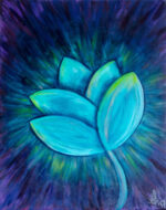 2017-Ontluikende-schoonheid-50x40-2.jpg Dit handgemaakte schilderij vangt een warme, stralende blauwe lotus met volle, lichtgevende blaadjes op een dromerige paarse nachtlucht.